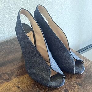 Jimmy Choo Denim Peep-Toe Wedge Slingbacks in Dark Blue